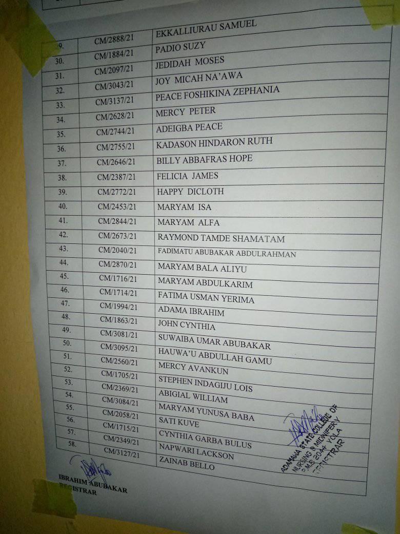 Adamawa State College Of Midwifery Admission List 2021/2022