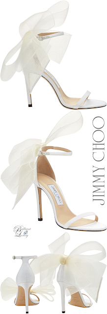 Brilliant Luxury♦Jimmy Choo Aveline Pumps, White Sandal with Asymmetric Grosgrain Mesh Fascinator Bows