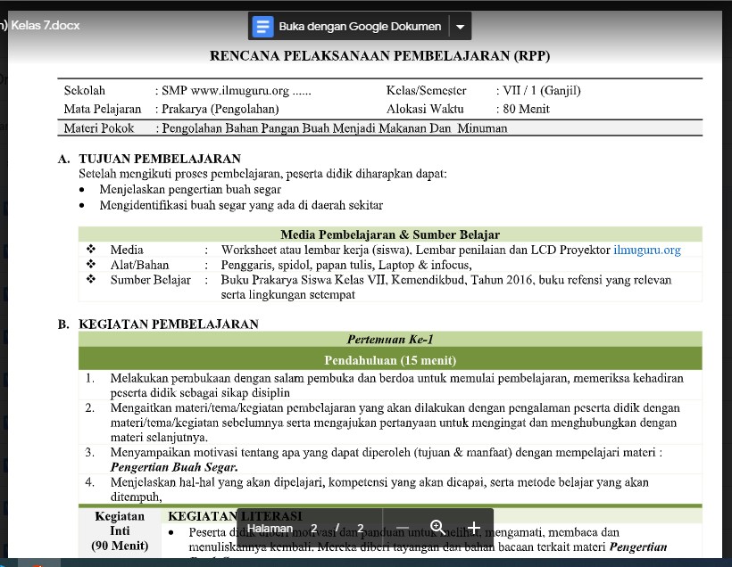 RPP Prakarya (Pengolahan) Kelas 7 Semester 1 Tahun 2021