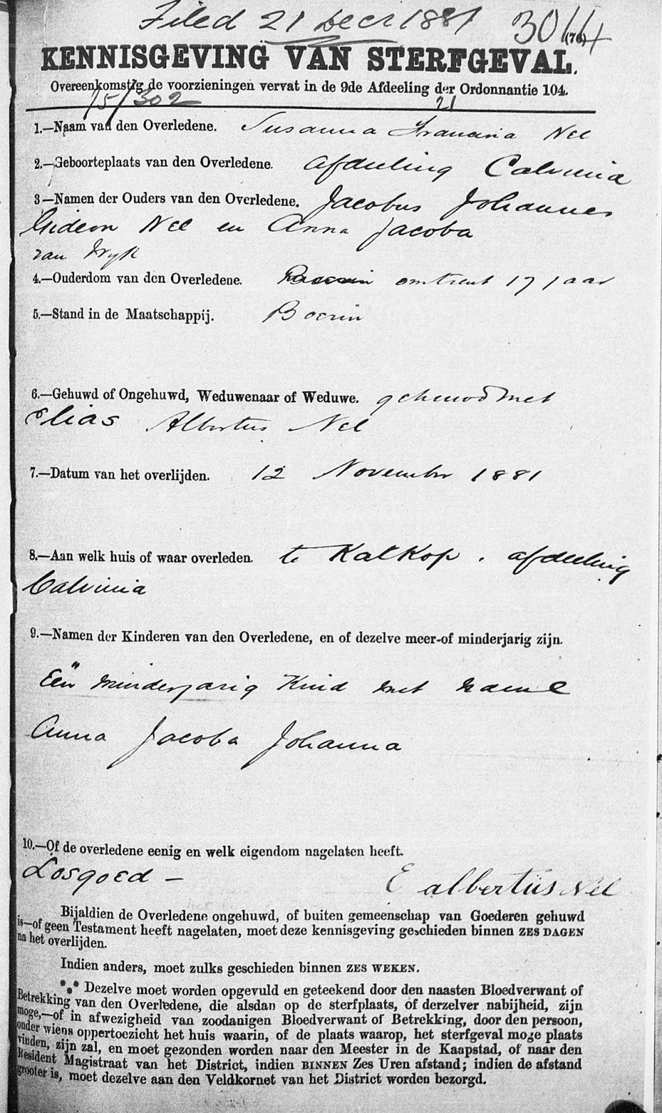 Familielegkaart g.4. Francina Susanna NEL, geb. c. 1864