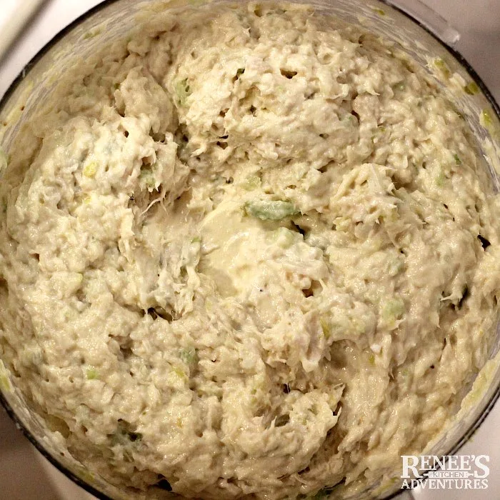 Southern Style Chicken salad recipe inside the food processor after being mixed.