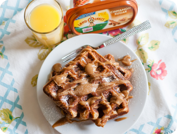 Cinnamon Sugar Waffles with Cinnamon Peanut Butter Maple Drizzle Bake