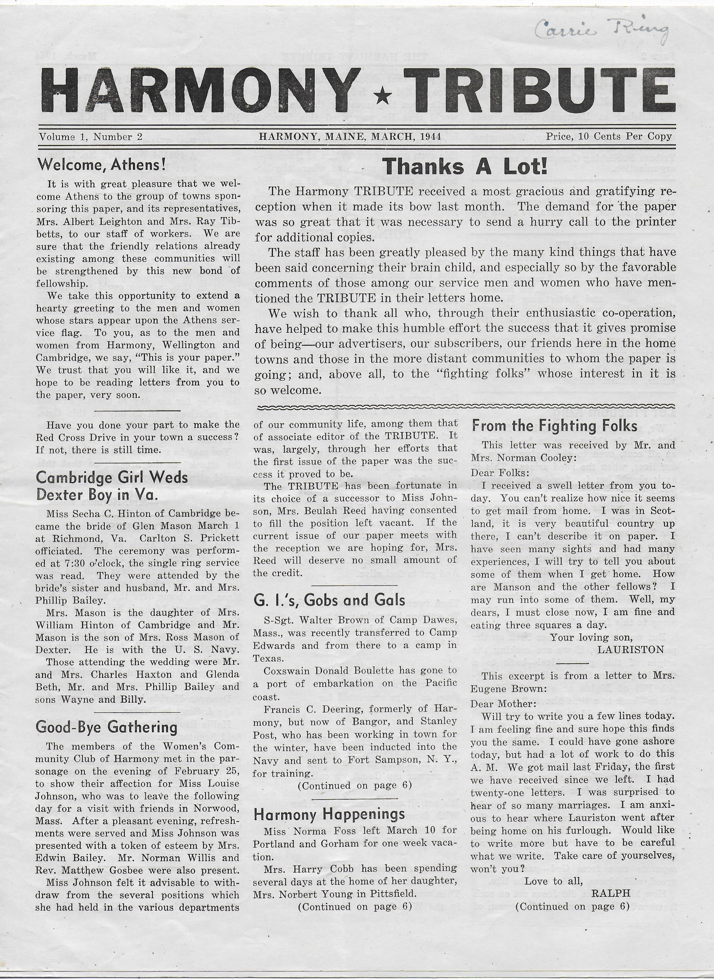 Heirlooms Reunited March 1944 issue of the Harmony Tribute of Harmony