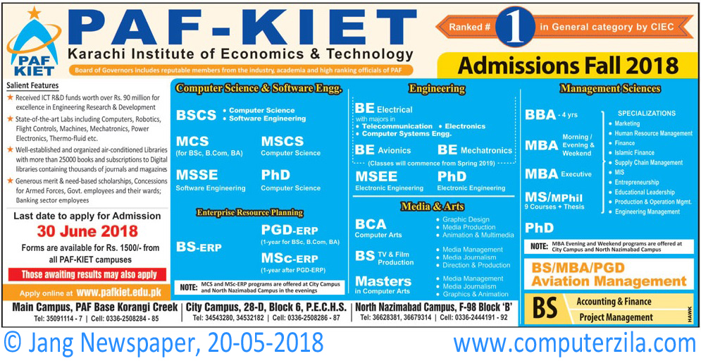 PAF KIET Admissions Fall 2018 Karachi Campus Computer Zila