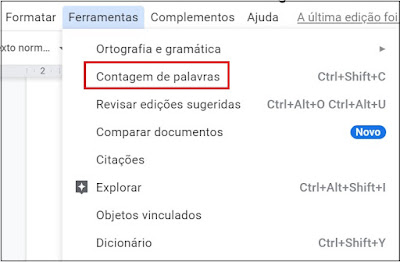Menu Ferramentas do documentos do google