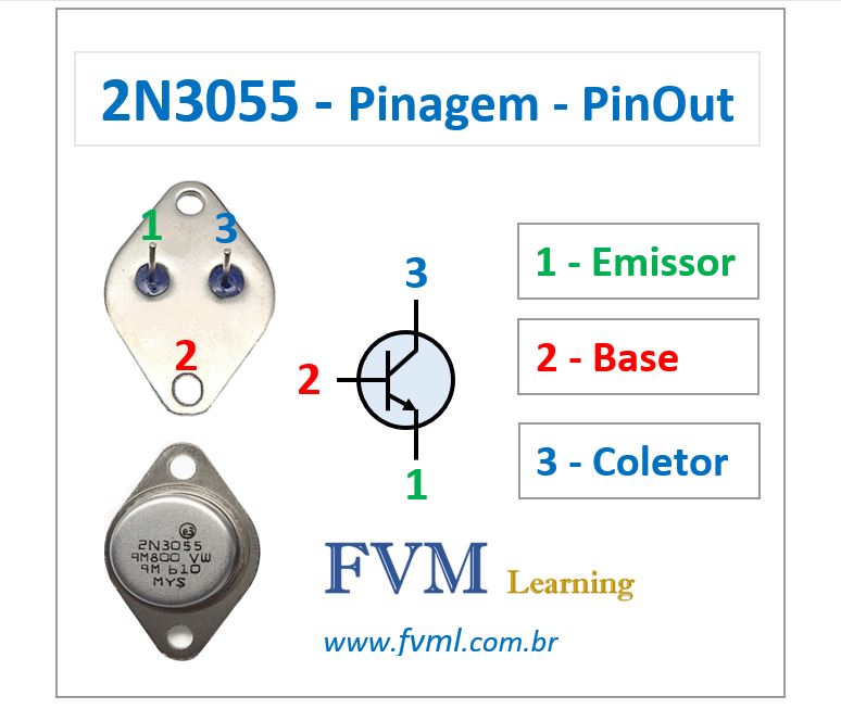 Pinagem - Pinout - Transistor - NPN - 2N3055 - Características - FVML