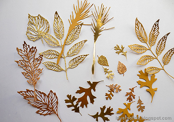 Layers of ink - Gold Autumn Tag Tutorial by Anna-Karin Evaldsson. Die cut with Tim Holtz Skeleton Leaves and Fall Foliage.