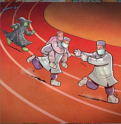 Alireza Pakdel 2 (Iranian artist) image of Doctors in relay race with patient, attempting to beat death