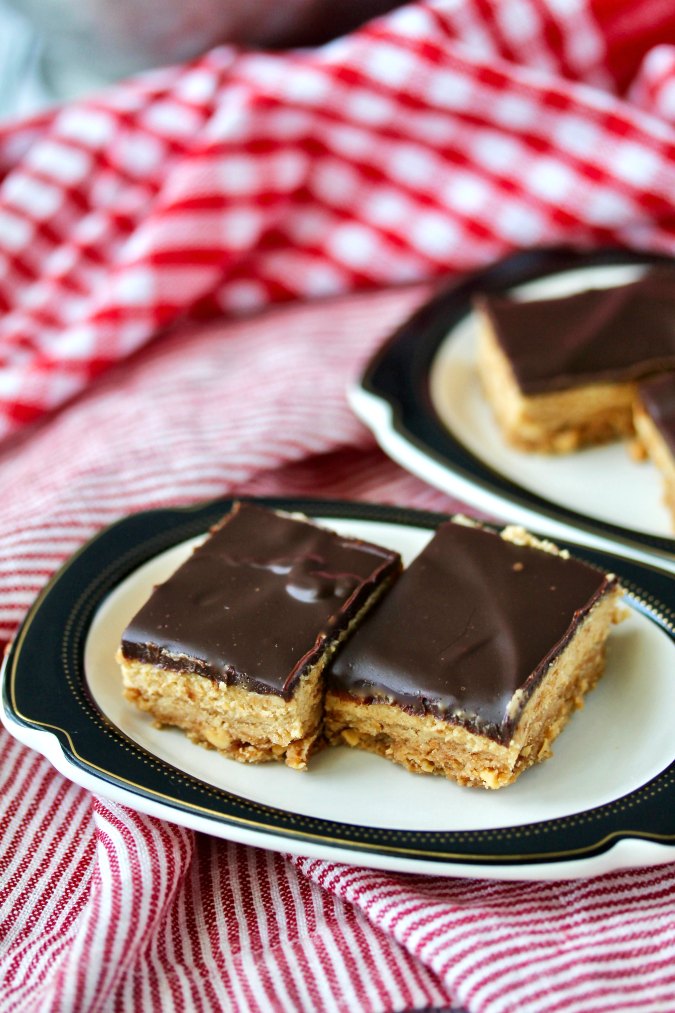 Peanut Butter and Chocolate Shortbread Bars with peanut butter mousse and chocolate ganache