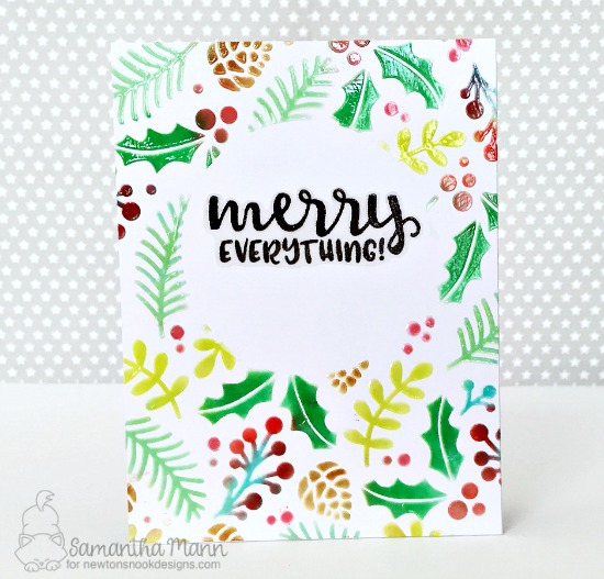 Stenciled Christmas Card by Samantha Mann | Holiday Foliage Stencil and Sentiments of the Season Stamp Set by Newton's Nook Designs #newtonsnook
