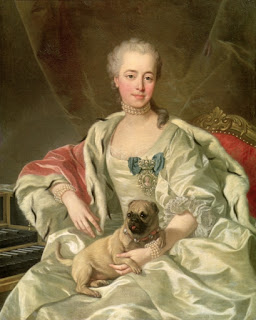 Rus prensesi Ekaterina Dmitrievna Golitsyna, pag cinsi bir süs köpeği ile (Louis-Michel van Loo'nun eseri, 1759)