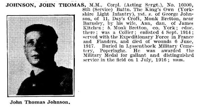 Johnson, John Thomas.  MM Corpl (Acting Sergt).  No 16000, 8th (Service) Battn the Kings Own (Yorkshire Light Infantry).