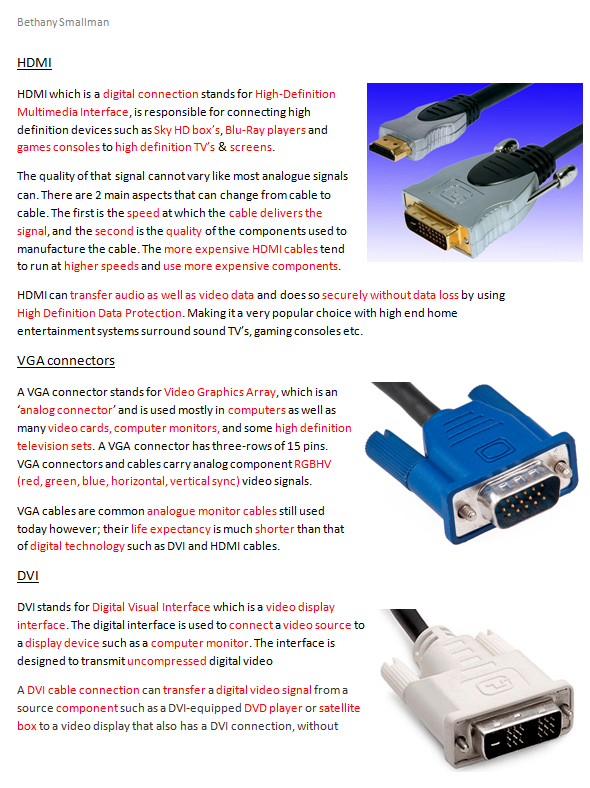 Unit 21 Understanding Video Technology Task 2 Connectors