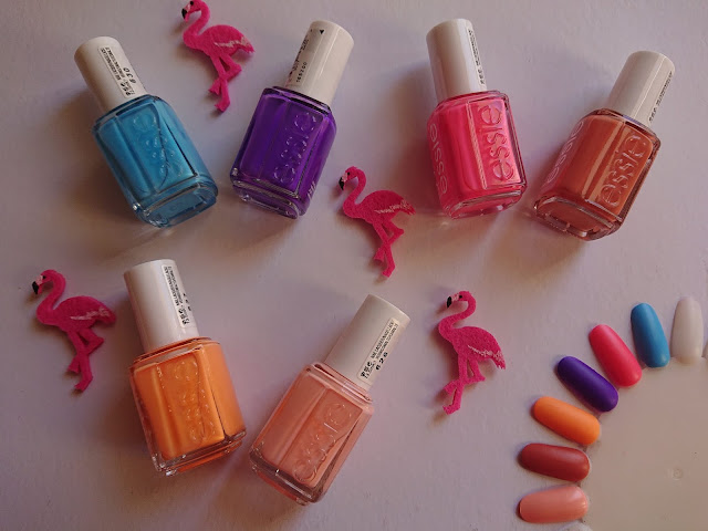 Essie Summer Collection Swatches Top to Bottom: Take the Lead, Strike a Rose, Tangoed in Love, Soles on Fire, In full Swing, Claim to Flame