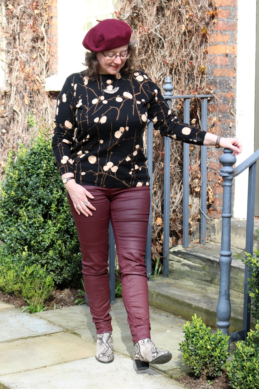 Stylish Look on a Budget; Warehouse Patterned Jumper, Burgundy Coated Biker Jeans, Snakeskin Boots, beret | Petite Silver Vixen, over 40 style