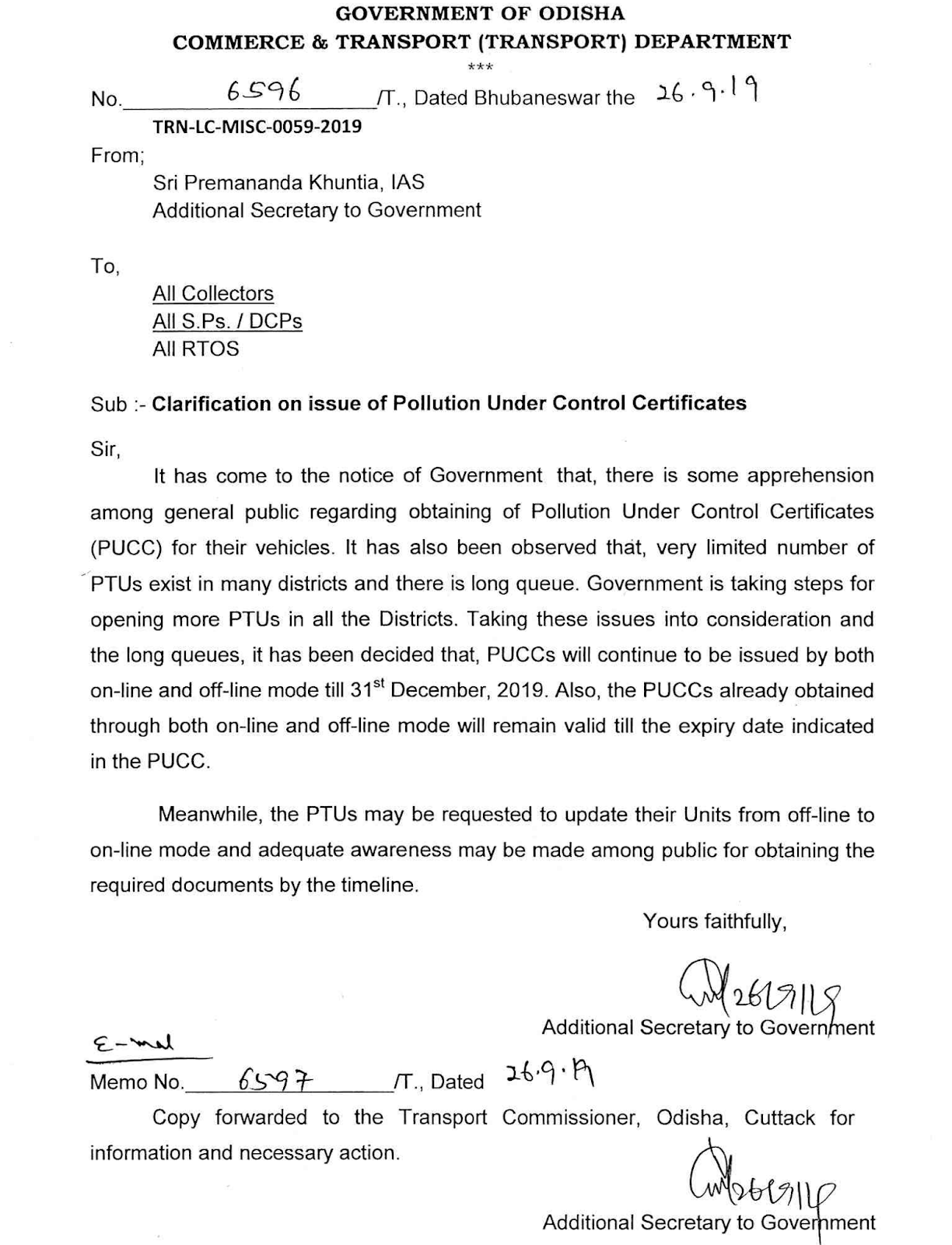 OSS TODAYS Pollution Under Control (PUC) Certificate by 31st December