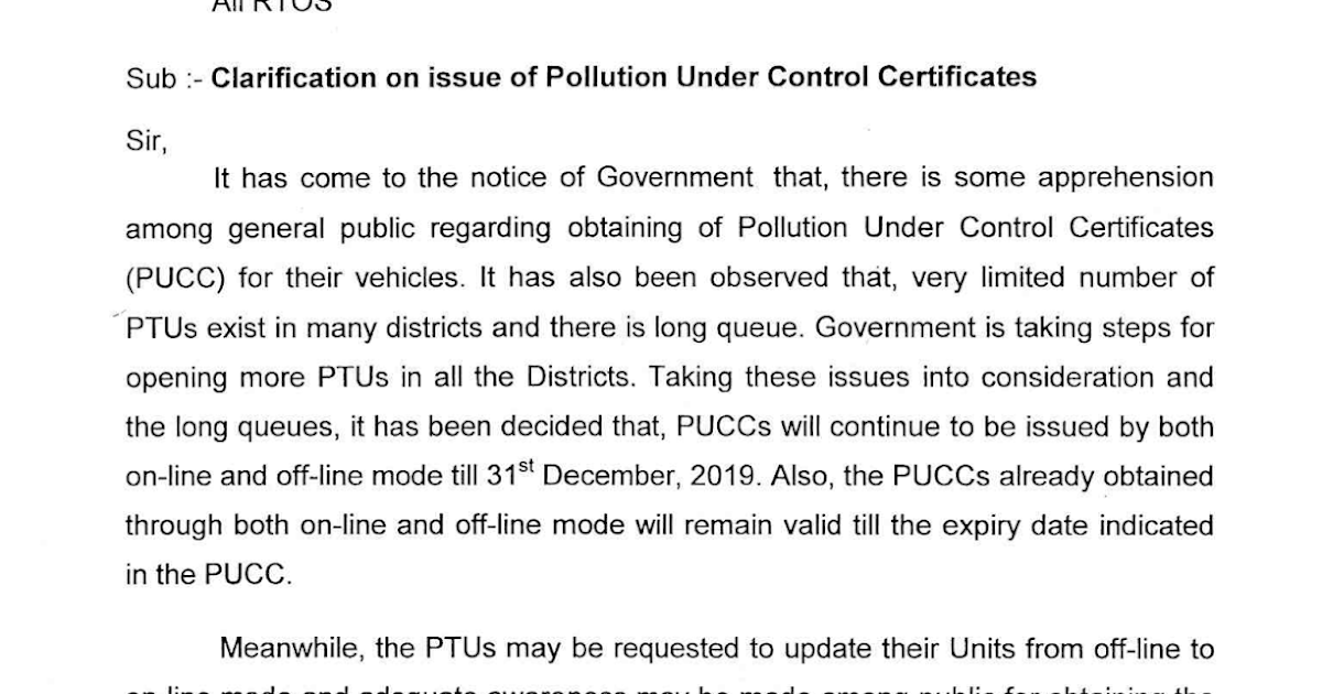 OSS TODAYS Pollution Under Control (PUC) Certificate by 31st December