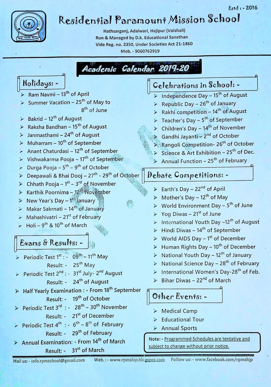 Residential Paramount Mission School Academic Calendar (201920)