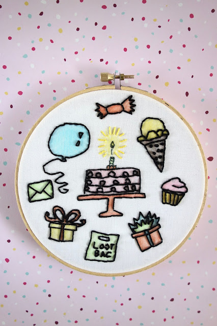 embroidery, sewing crafts, embroidery loop, embroidery thread, blah to TADA, what to do with scrap fabric, nostalgia, birthday party-themed embroidery