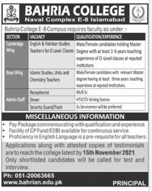 Bahria College Islamabad Jobs 2021 | Naval Complex
