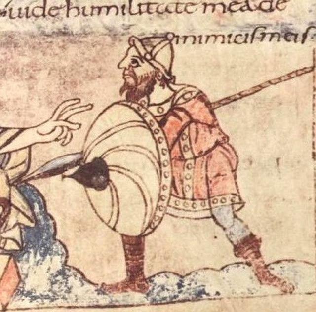 Франкский воин со щитом. Миниатюра Штутгартской Псалтыри, около 825 года.