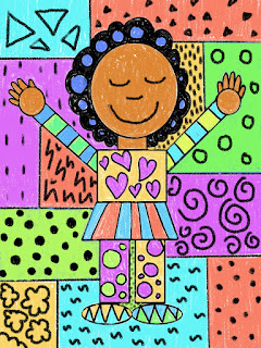 Child drawing of a girl in the style of Romero Britto
