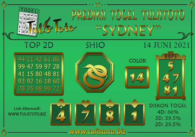 Prediksi Togel SYDNEY TULISTOTO 14 JUNI 2021