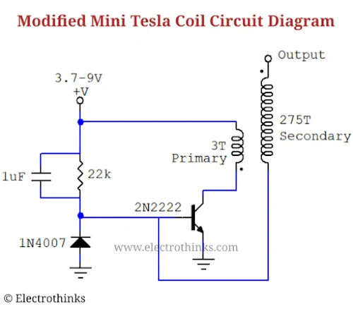 Mini tesla coil circuit with 2n2222, Modified