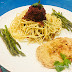 Spaghetti with meatless Meatballs served with vegan scallopini & grilled asparagus ; a Meatless Monday Meal!!