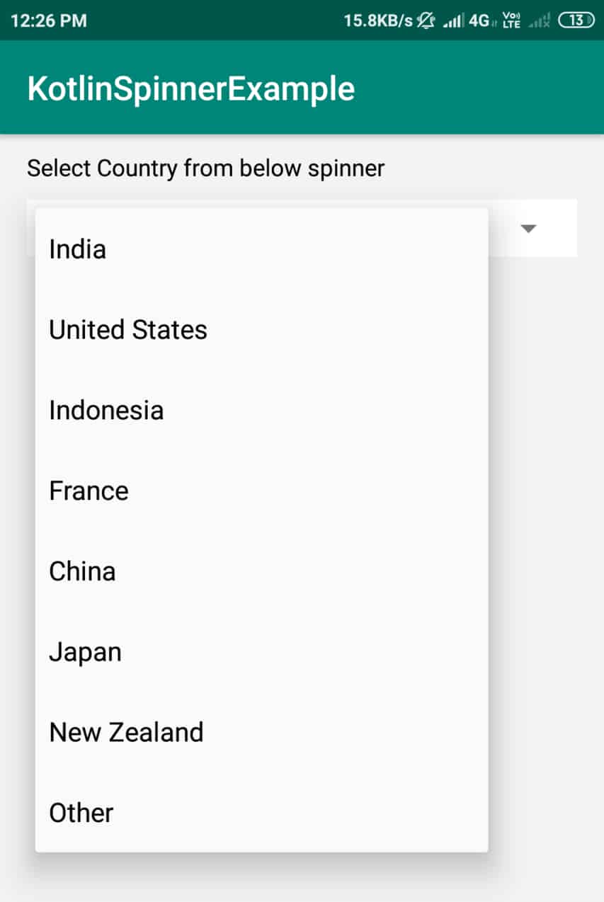 Android & Kotlin Examples code android spinner example kotlin