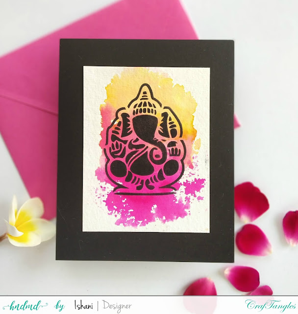 Ganesha card, Ganesha stencil, Craftangles, Ink smooshed background,stencil card, stenciling, water colouring, Zig clean colour brush pens, Quillish, 
