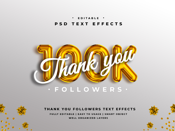 Editable 3D Thank You 100k Followers Text Style Effect Editable 3D Thank You 100k Followers Text Style Effect