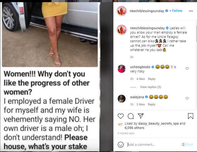 I will never let my Husband have a female driver- Nkechi Blessing reveals