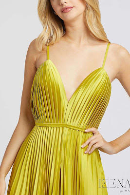 Pleated jump suit evening dress Ieena For Mac Duggal Chartreuse Color Front side
