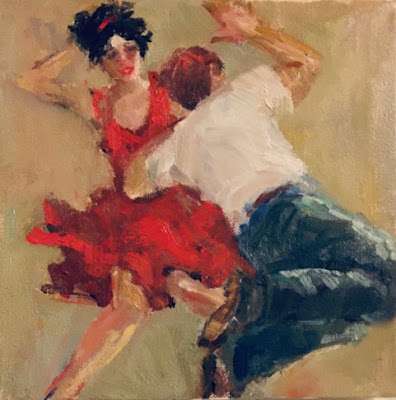 Girl in red dress, boy in t-shirt and jeans jiving against golden background