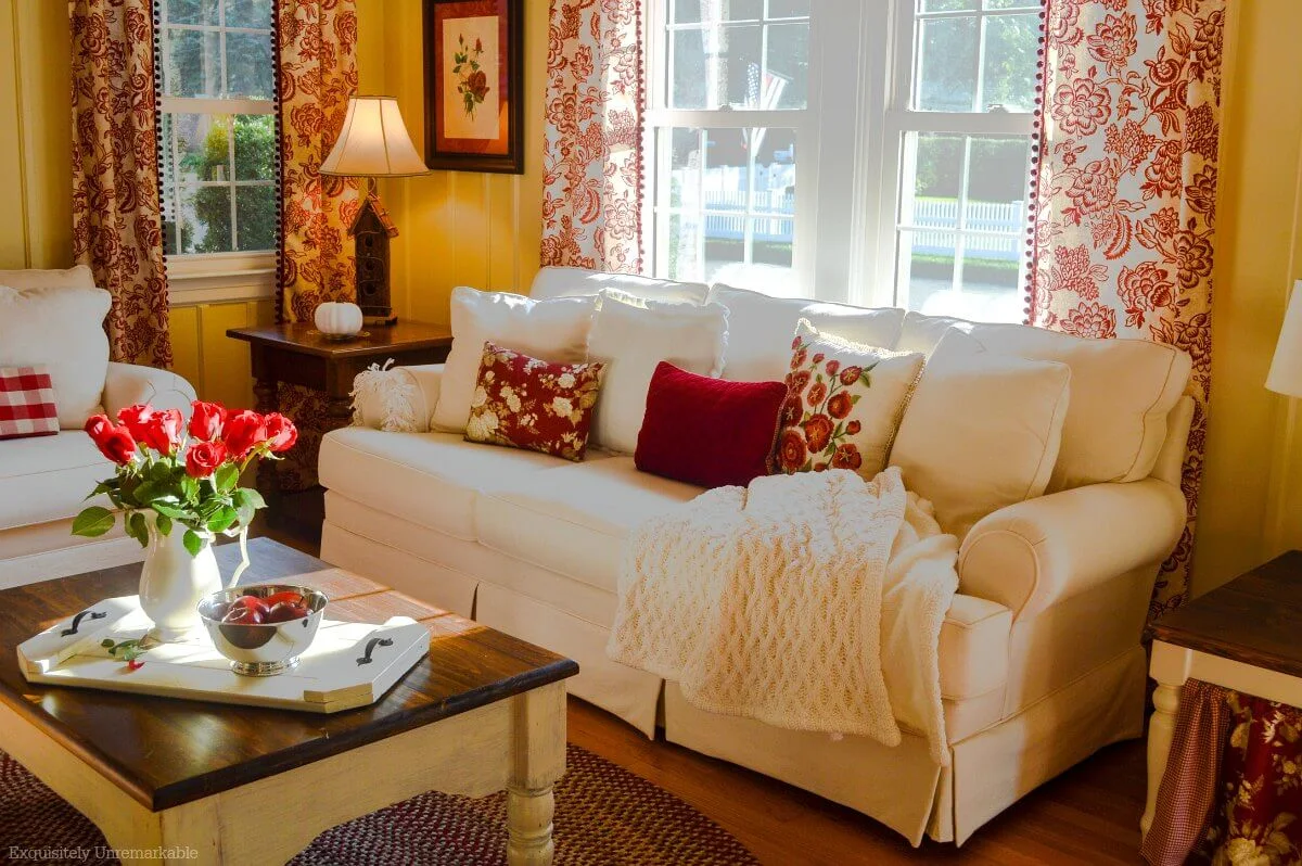 Cottage style red and white living room