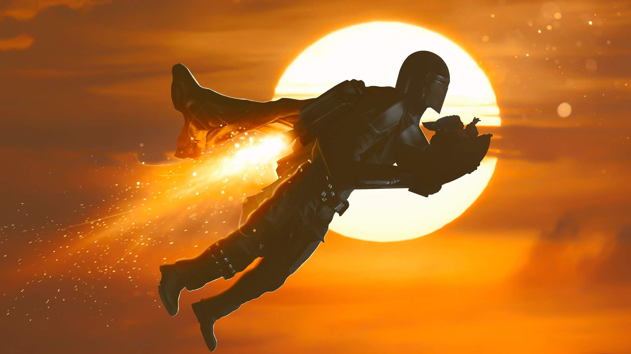 mandalorian and baby yoda into the skies