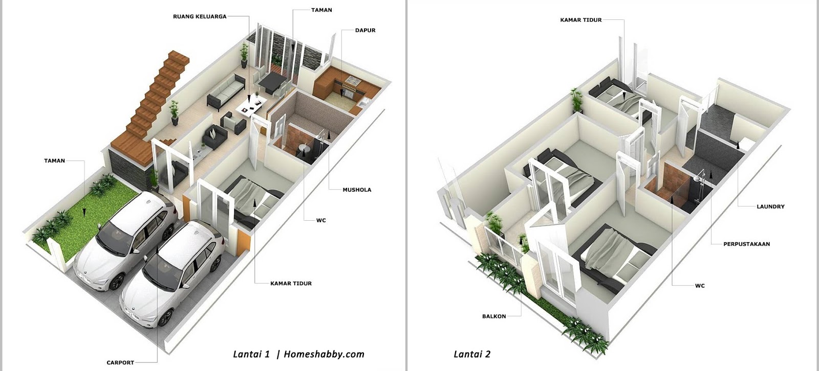 Desain dan Denah  Rumah  Bertingkat Ukuran 7 x 15 M Lengkap dengan Mushola dan Perpustakaan 