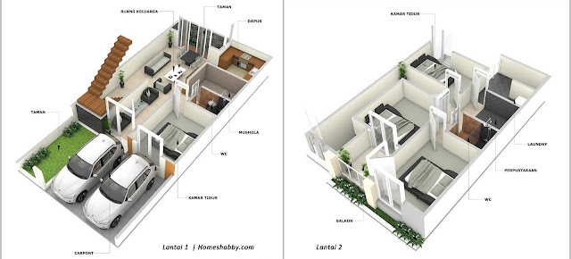 Desain dan Denah Rumah  Bertingkat Ukuran 7 x 15 M Lengkap dengan Mushola dan Perpustakaan 