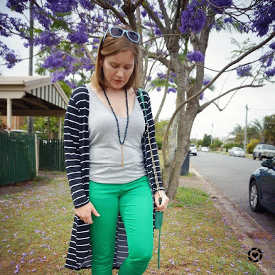 awayfromblue Instagram | striped duster with green skinny jeans and jacaranda spring
