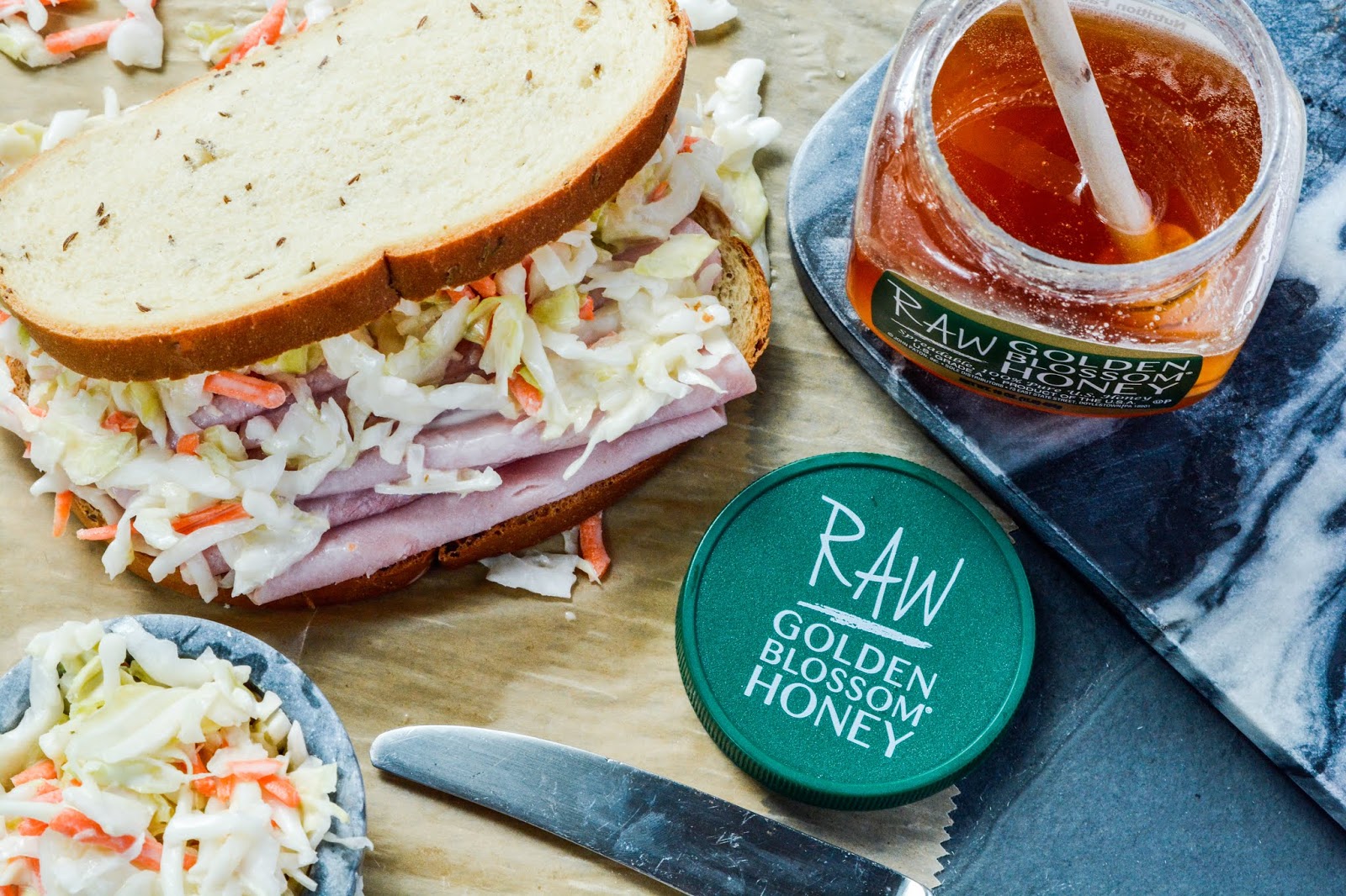 Theresa's Mixed Nuts Ham Sandwich with Coleslaw