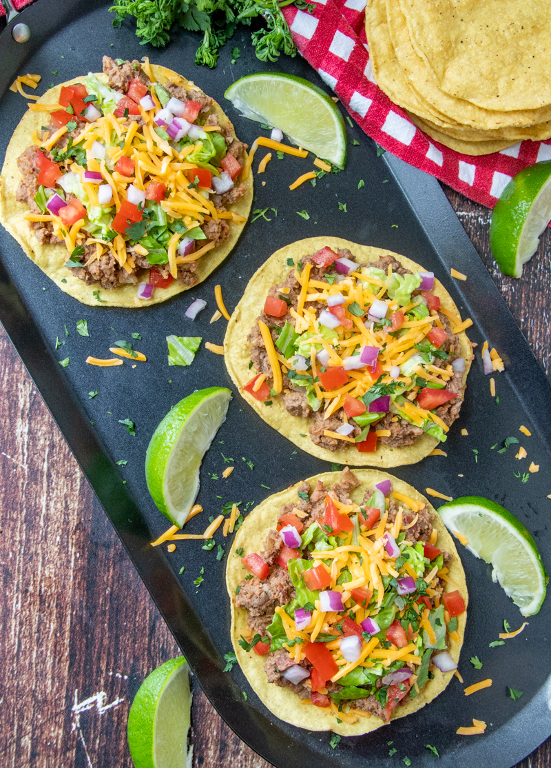 15 Minute Ground Beef and Refried Bean Tostadas Recipe