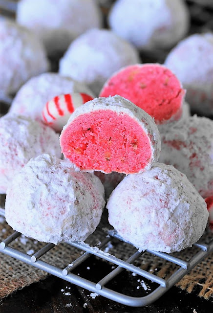 Peppermint Snowball Cookies on Cooling Rack Image