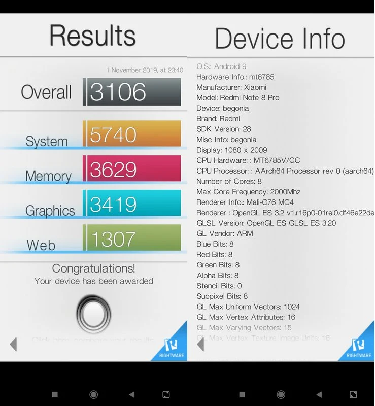 Benchmark Basemark OS II Xiaomi Redmi Note 8 Pro