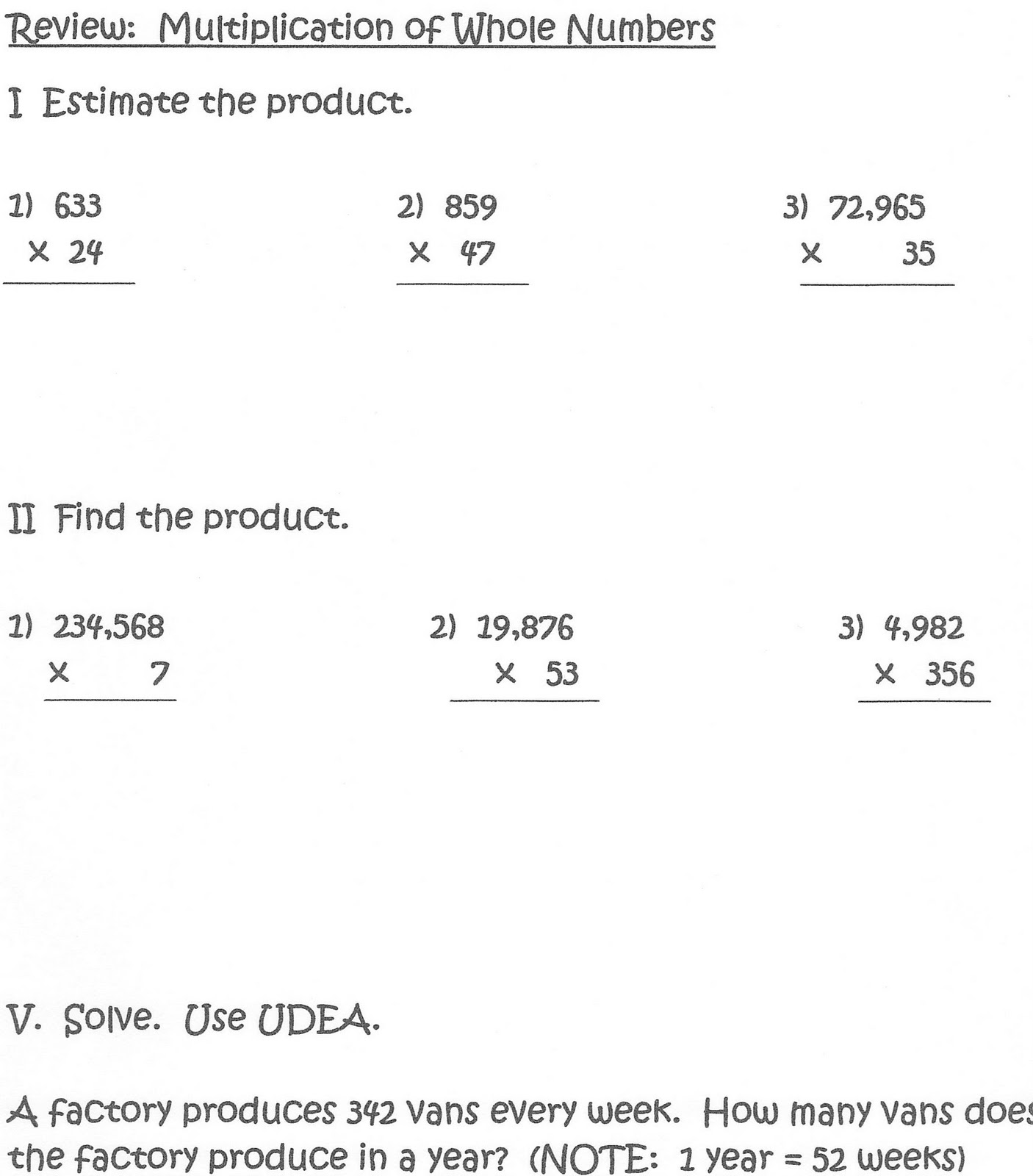 ASI Math 5th Grade 2011-2012: Review Multiply Whole Numbers (Practice #6)