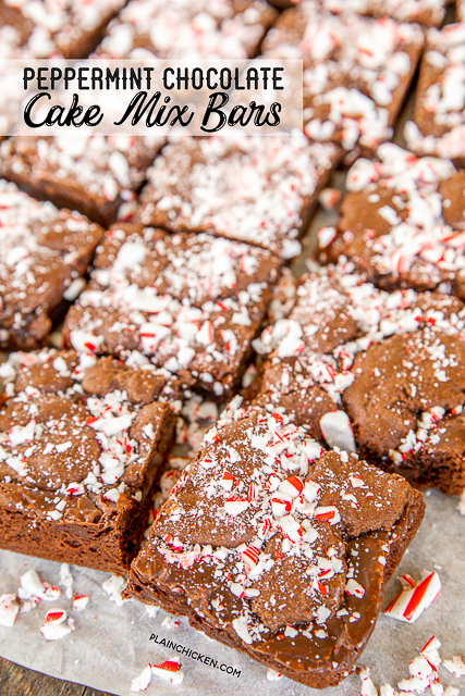 Peppermint Chocolate Cake Mix Bars - only 7 ingredients!! Cake mix, eggs, butter, oil, chocolate chips, sweetened condensed milk, and crushed candy canes. I took these to a party and they were gone in minutes! I always double the recipe now because everyone goes crazy over this easy dessert!! These are best if you make them the day before and refrigerate overnight. Great for parties, tailgating, and your holiday cookie tray. YUM! #dessert #fudge #cakemix chocolate cake bars on a tray