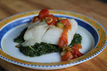 Roasted Haddock with Salsa Verde Crema and a Fresh Tomato Coulis