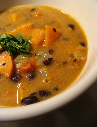 Spicy Sweet Potato and Peanut Soup with Black Beans