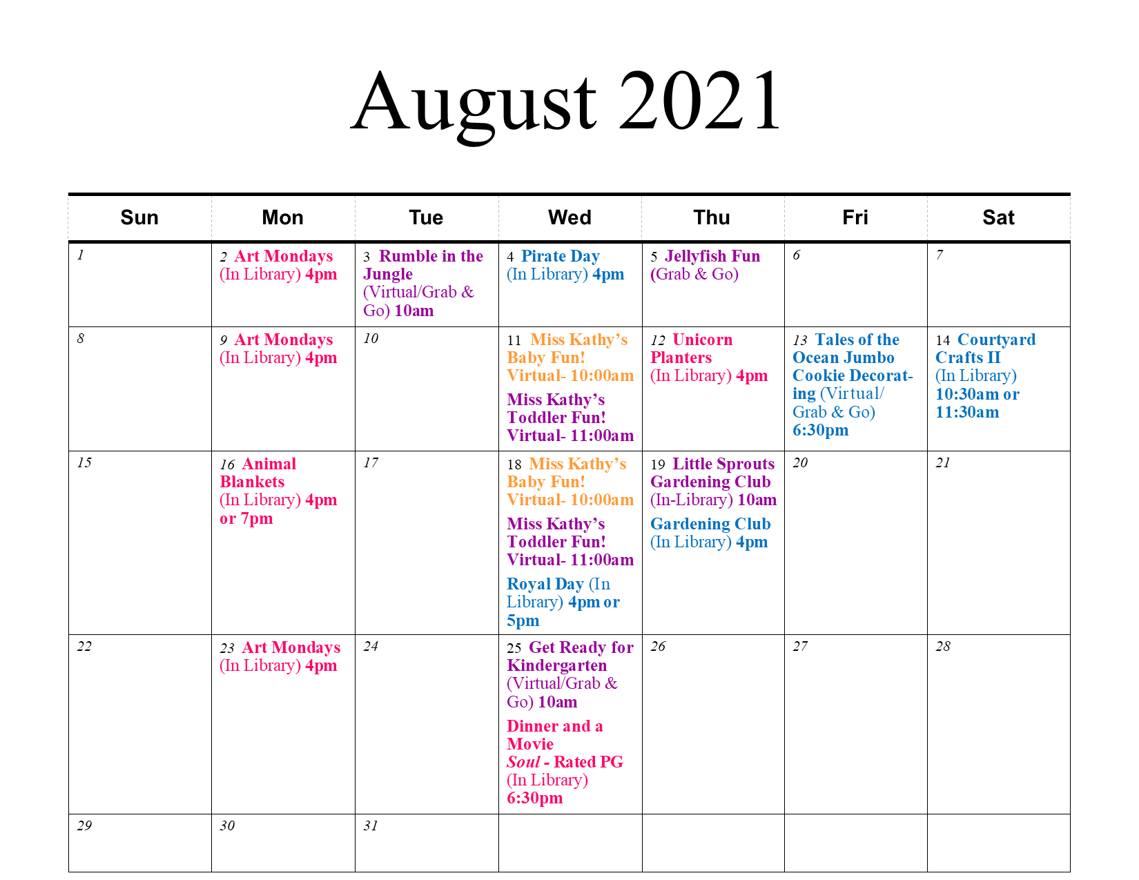 BayportBlue Point Public Library Children's Room Calendars