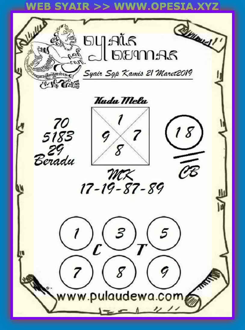 Kode Syair Toto sgp Kamis 21 Maret 2019 GOsyair SEDIA